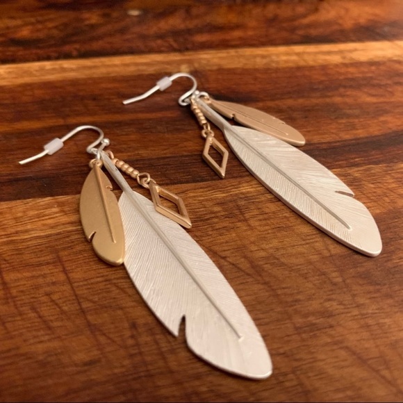 Double Metal Feather Dangle Earrings Mostly Silver - Picture 4 of 4